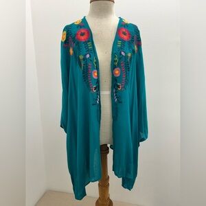 Umgee Teal Kimono with Floral Embroidery
